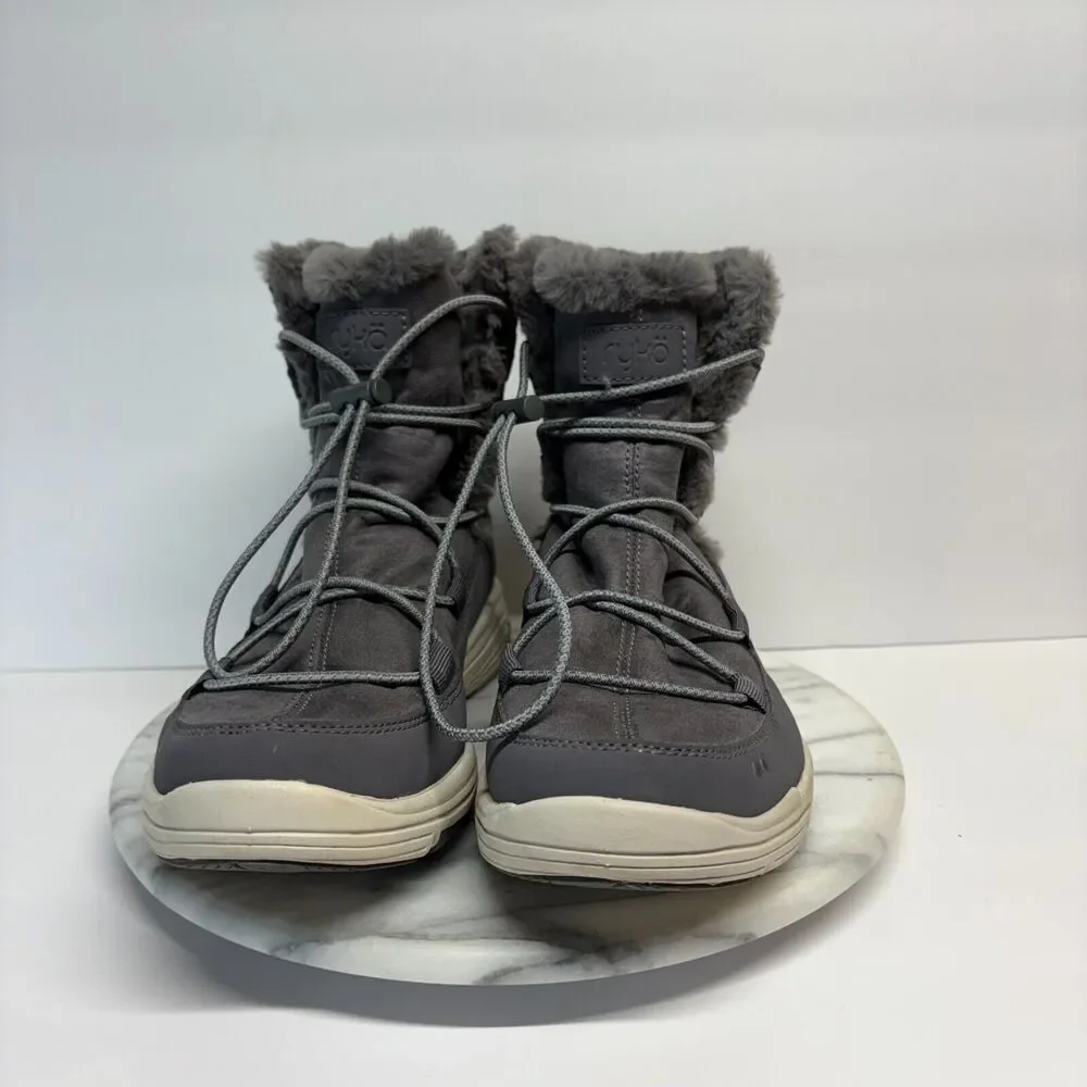 Ryka Boots Womens‎ 9 Gray Faux Leather Faux Fur Lined Aubonne Elastic Bungee